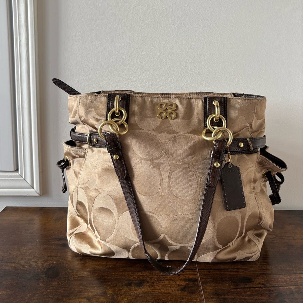 Coach Colette Signature Sateen Carryall Tote bag With Dark Brown leather Trim